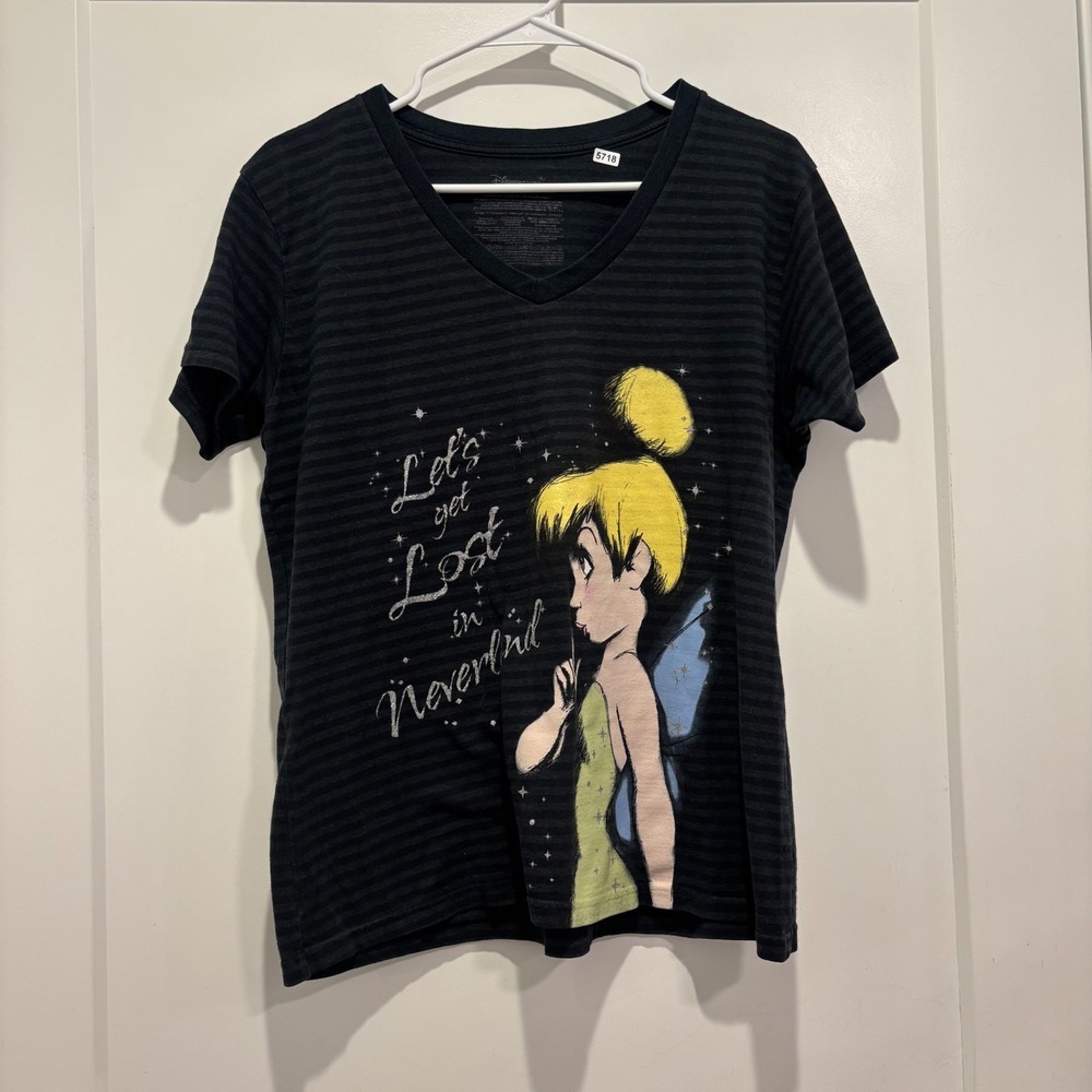 Disney Store Tinker Bell Neverland Striped V-Neck Graphic Tee Black XL